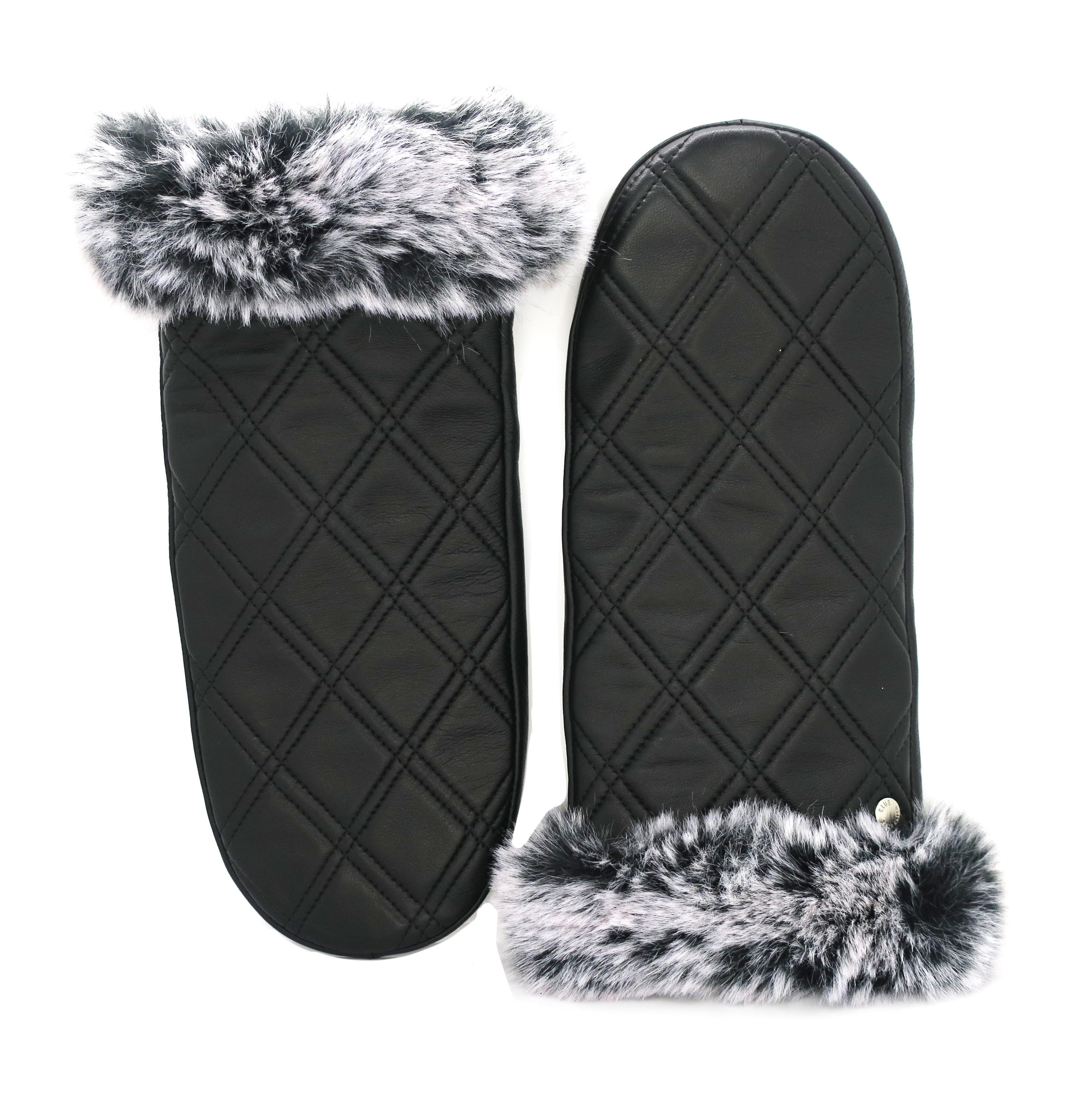 CR Ladies - Leather Mittens With Quilted Design And Faux Fur Cuff