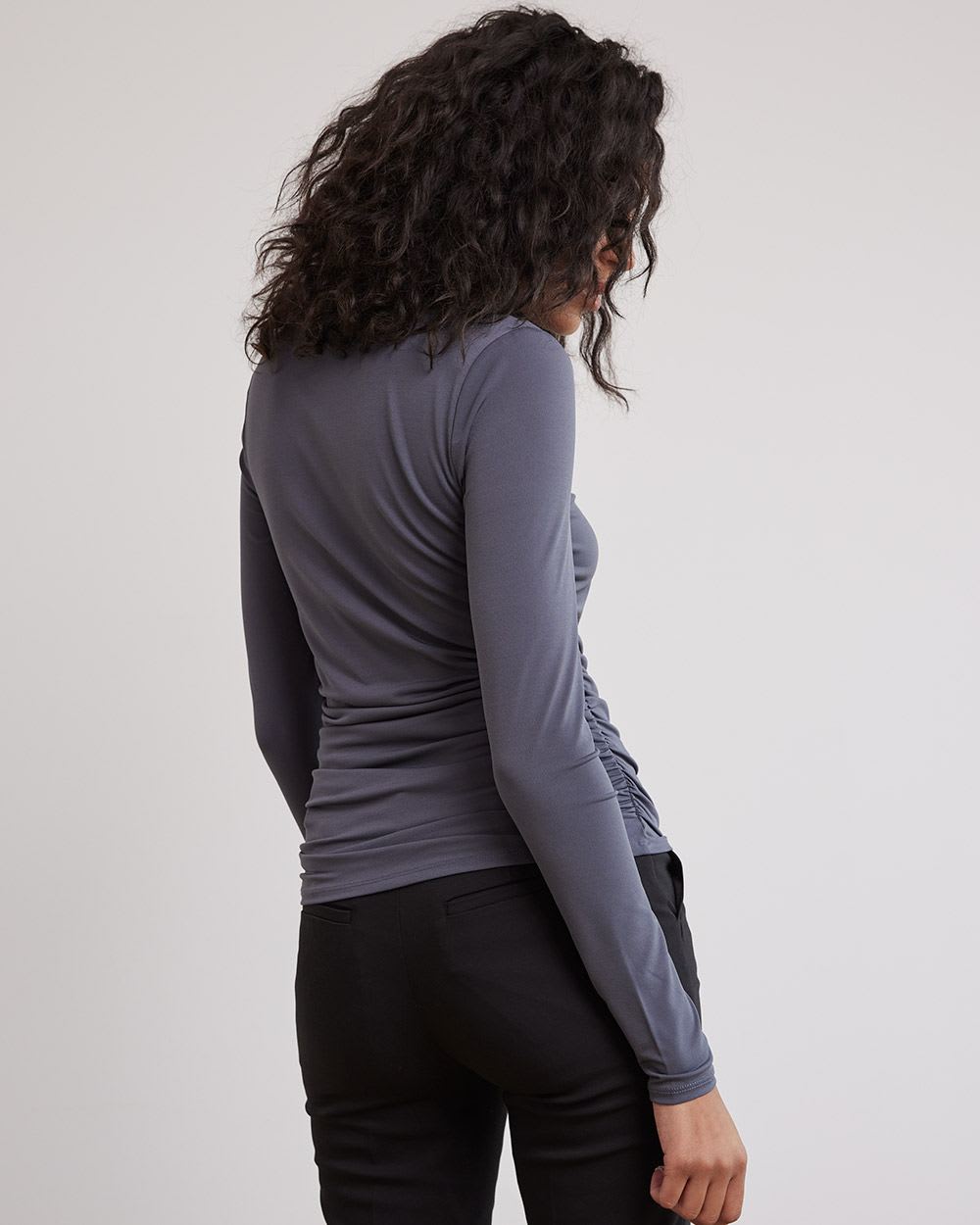 Draped Long-Sleeve Top with Asymmetrical Neckline