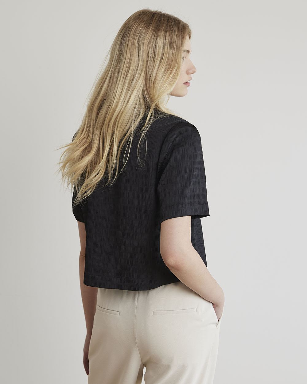 Short-Sleeve Buttoned-Down Textured Blouse