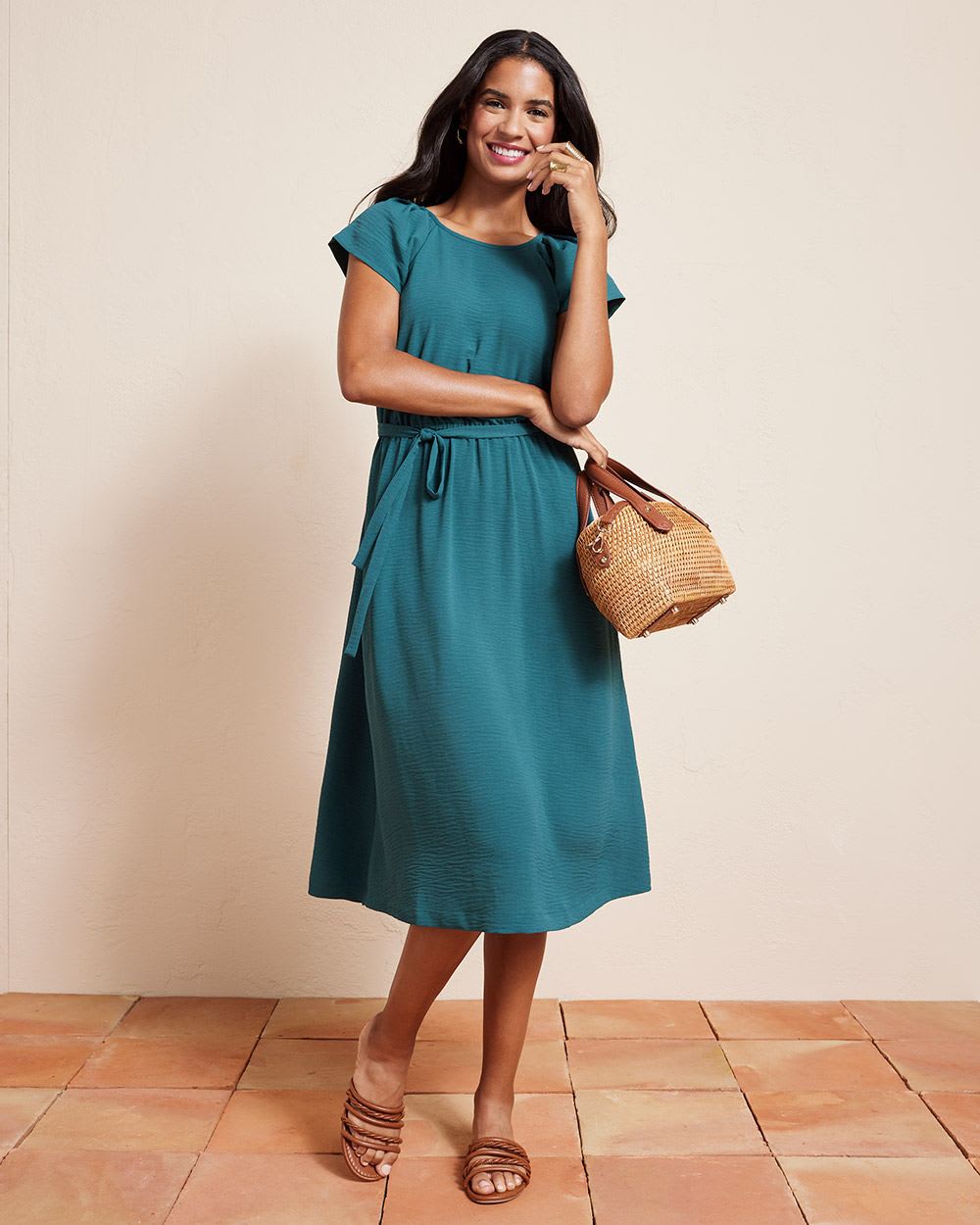 Extended-Sleeve Fluid Fit and Flare Midi Dress with Crew Neckline