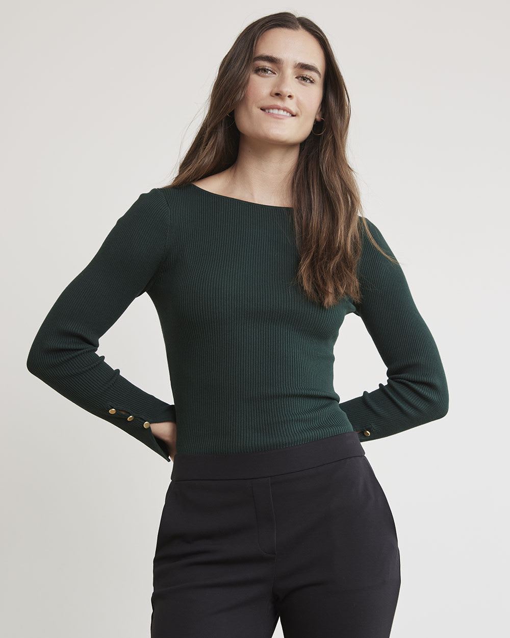 Long-Sleeve Fitted Sweater with Boat Neckline