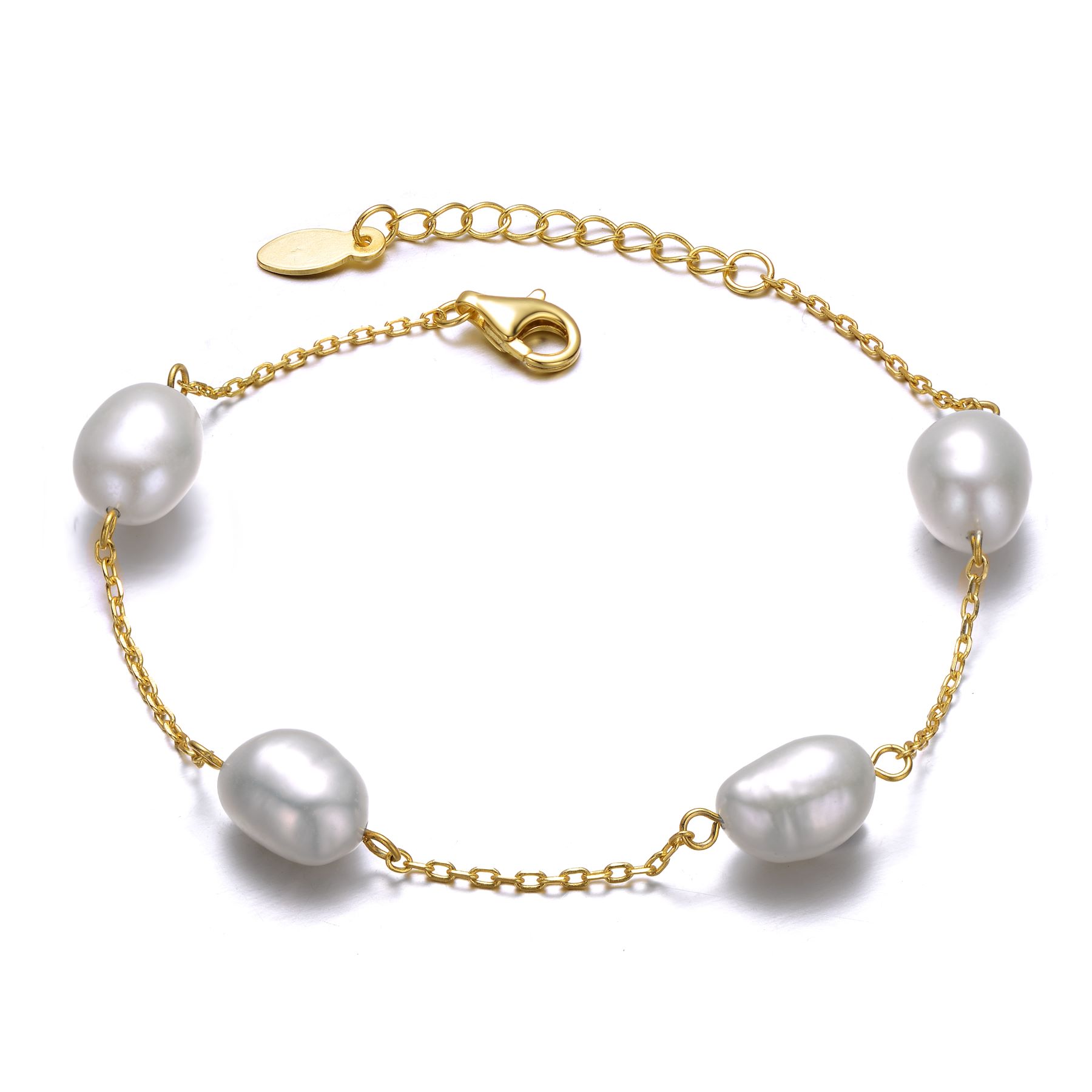 Sterling Silver 14k Yellow Gold Plated with Gray Pearl Station Bracelet w/ Adjustable Extension Chain