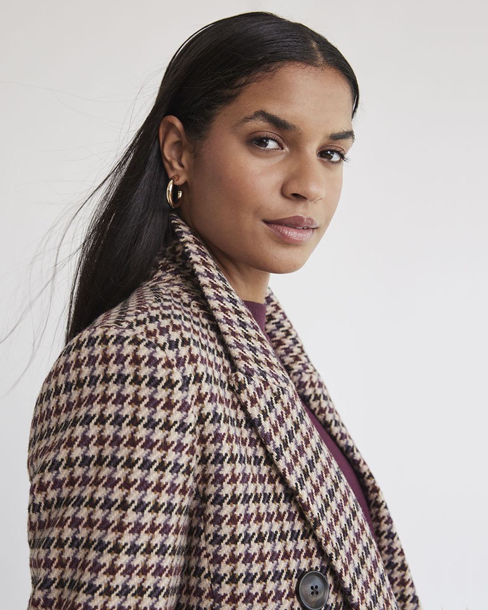 Houndstooth Long Double-Breasted Wool Coat