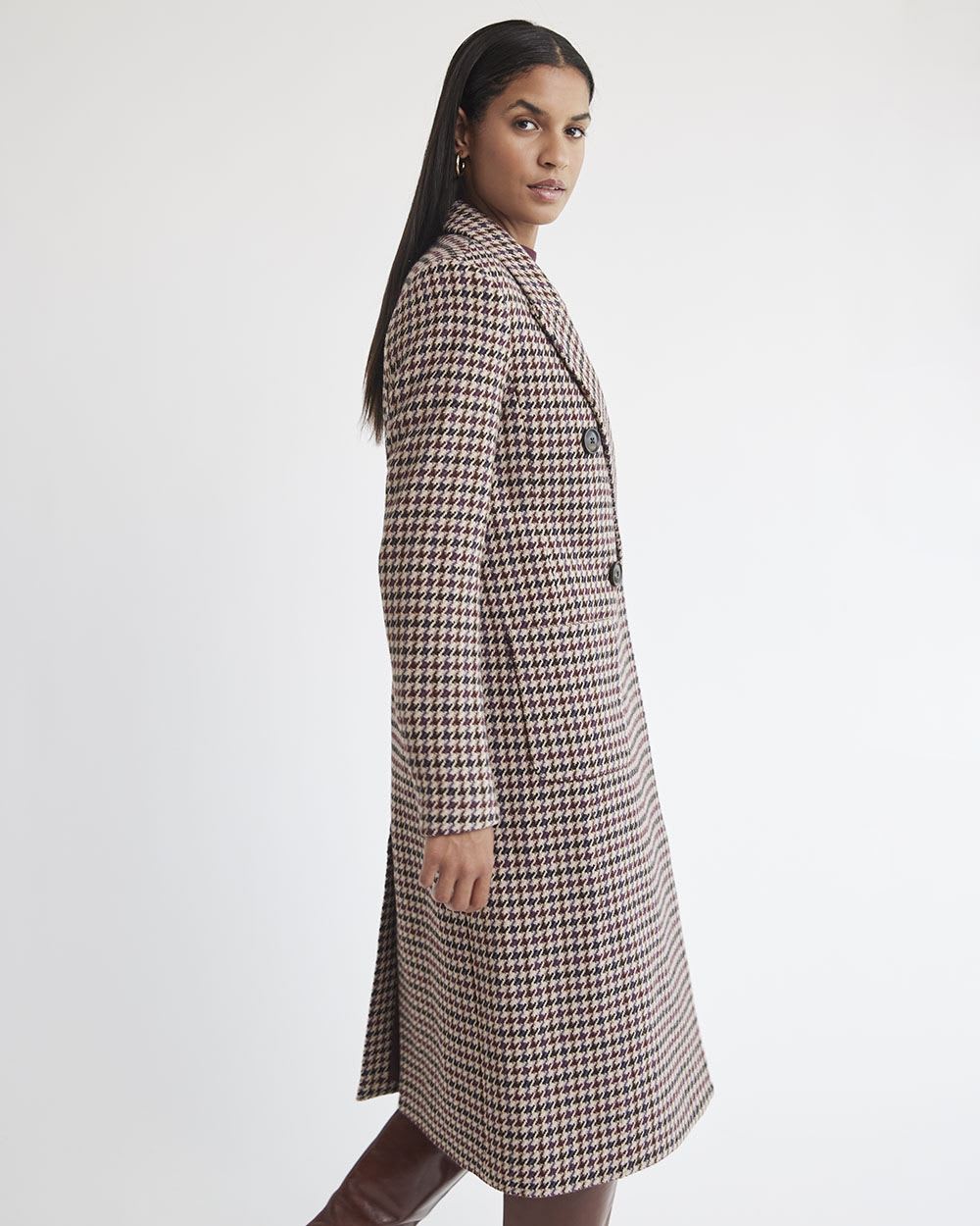 Houndstooth Long Double-Breasted Wool Coat
