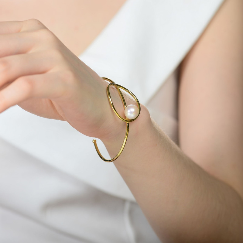 Sterling Silver with 14k Yellow Gold Plating and Genuine Freshwater Pearl Cuff Bracelet