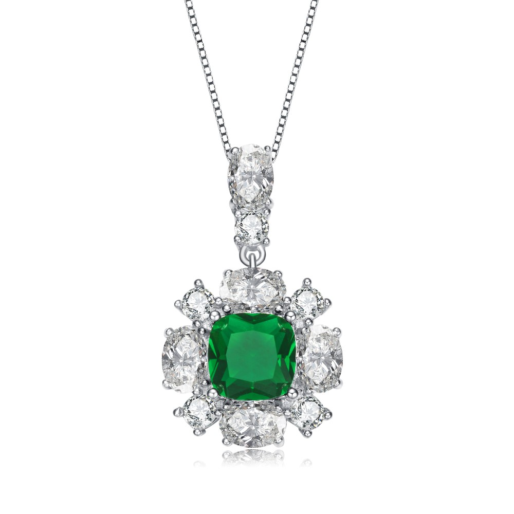 RG White Gold Plated Green and White Cubic Zirconia Accent Pendant Necklace