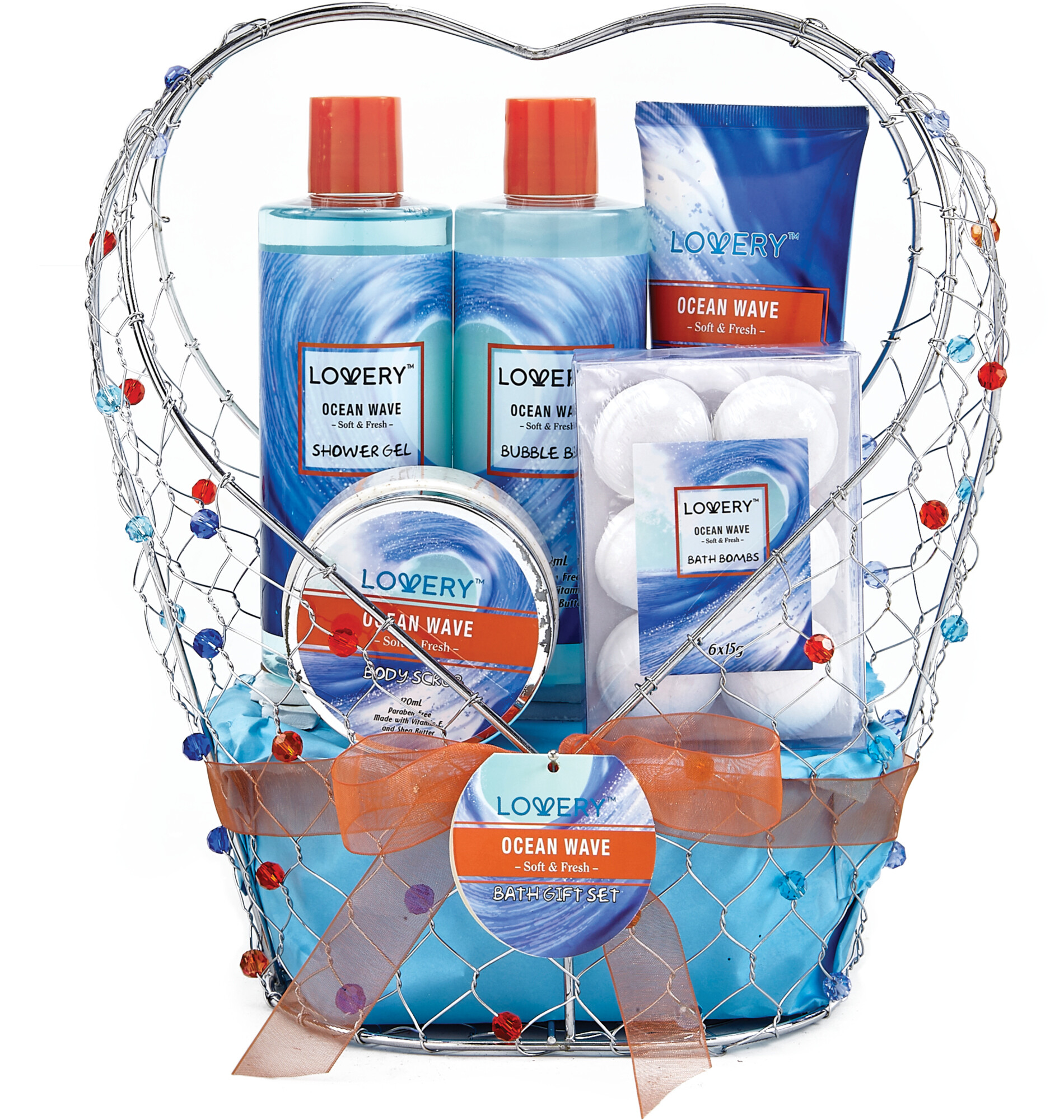 Lovery Home Spa Gift Baskets - Ocean Wave In Heart Jeweled Holder - 11pc