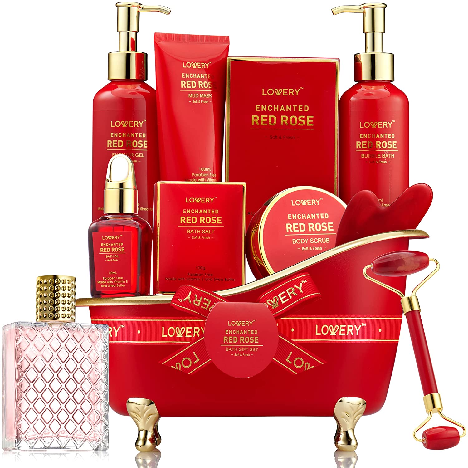 Lovery Luxe 11pc Red Rose Bath And Body Set With Perfume, Jade Roller, Gua Sha & More