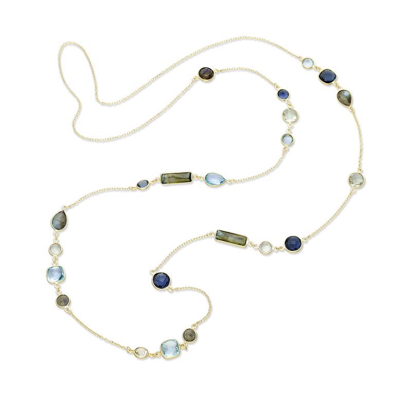 18K Goldtone Plated Sterling Silver Gemstone & Blue Topaz Geometric Long Station Chain Necklace- AG Sterling