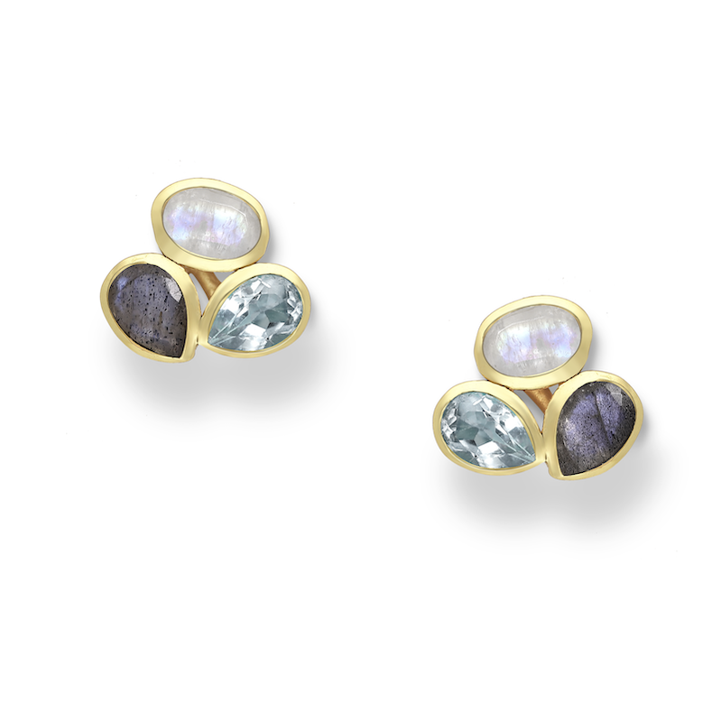18K Goldtone Plated Sterling Silver Clustered Teardrop Labraodite, Sky Blue Topaz & Moonstone Stud Earrings- AG Sterling
