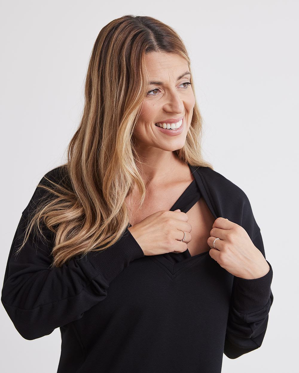 Long-Dolman-Sleeve Fleece Top with V Neckline - Thyme Maternity