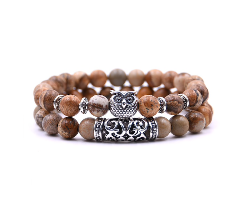 Brown Beaded & Silvertone Owl Set of 2 Bracelets - Don't AsK
