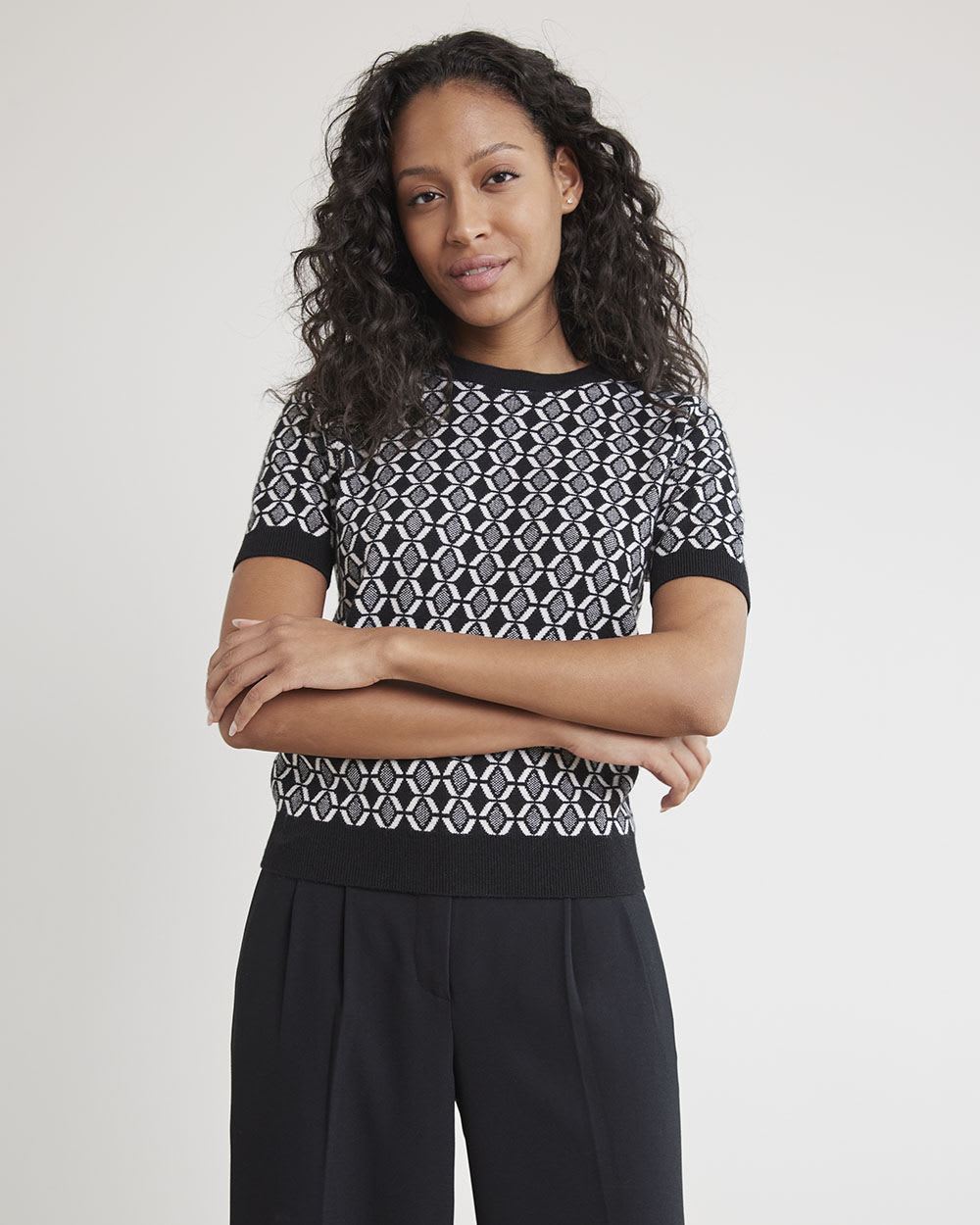 3/4-Sleeve Crew-Neck Jacquard Sweater