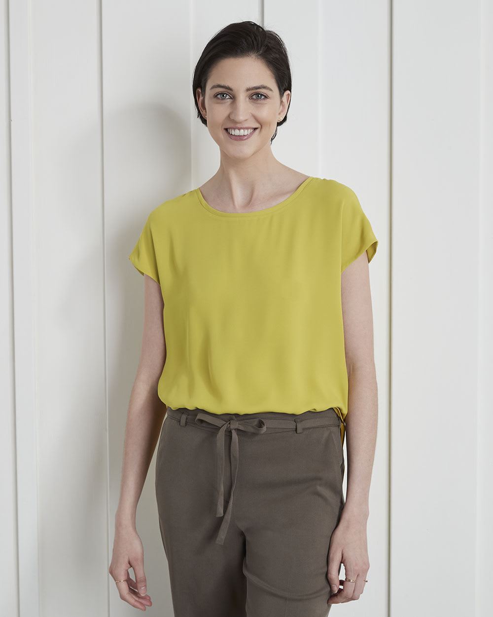 Oversized Silky Crepe Crew-Neck Short Sleeve Blouse