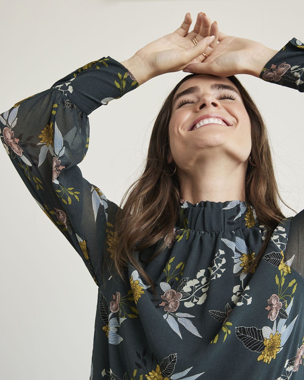 Mock-Neck Popover Blouse with Long Balloon Sleeves