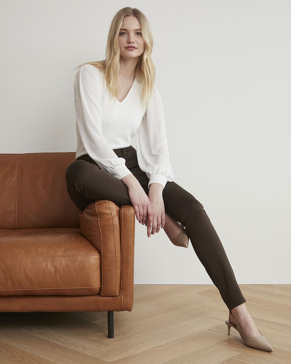 Mix-Media V-Neck Top with Long Puffy Sleeves