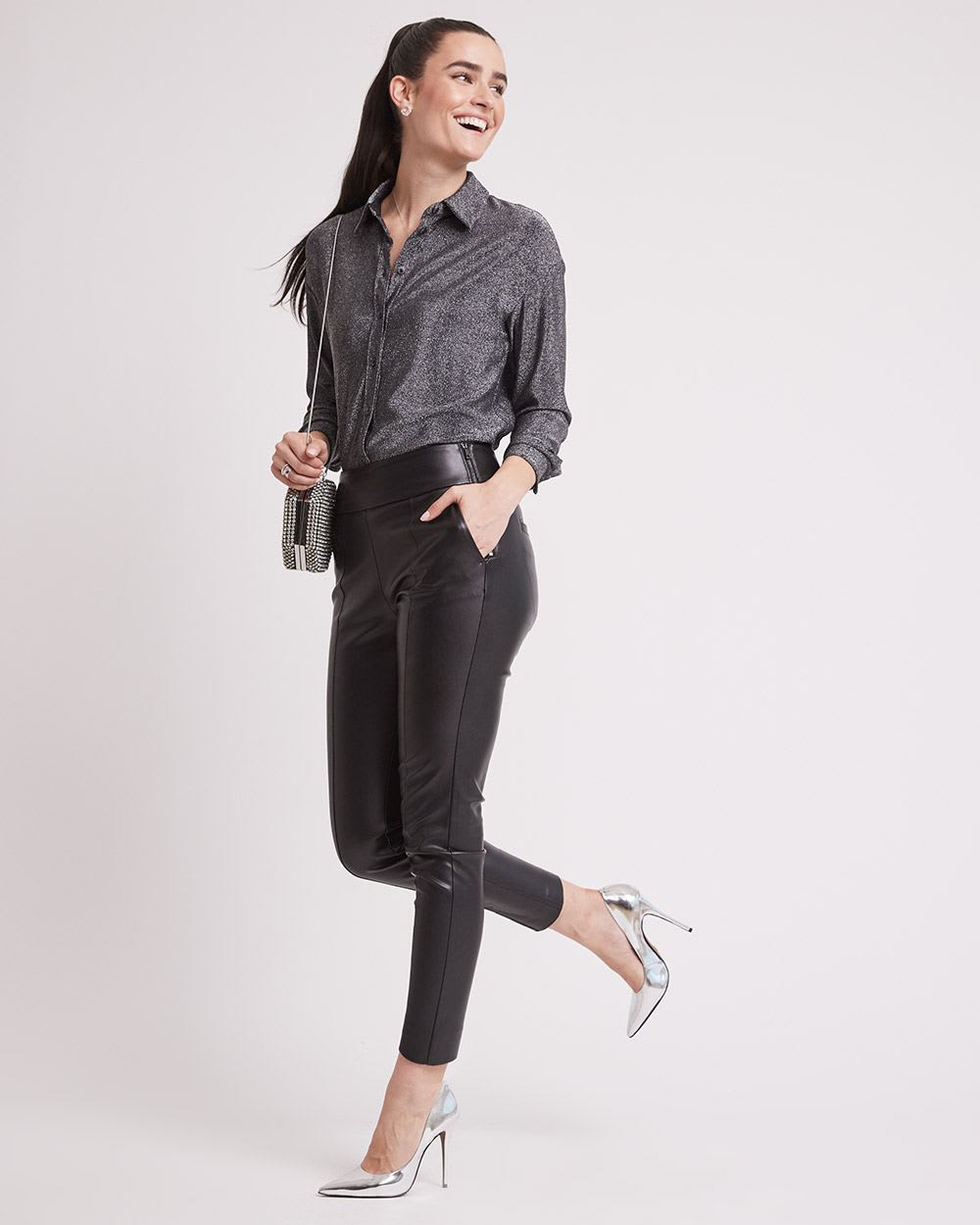 Long-Sleeve Buttoned-Down Knit Shirt with Metallic Fibres