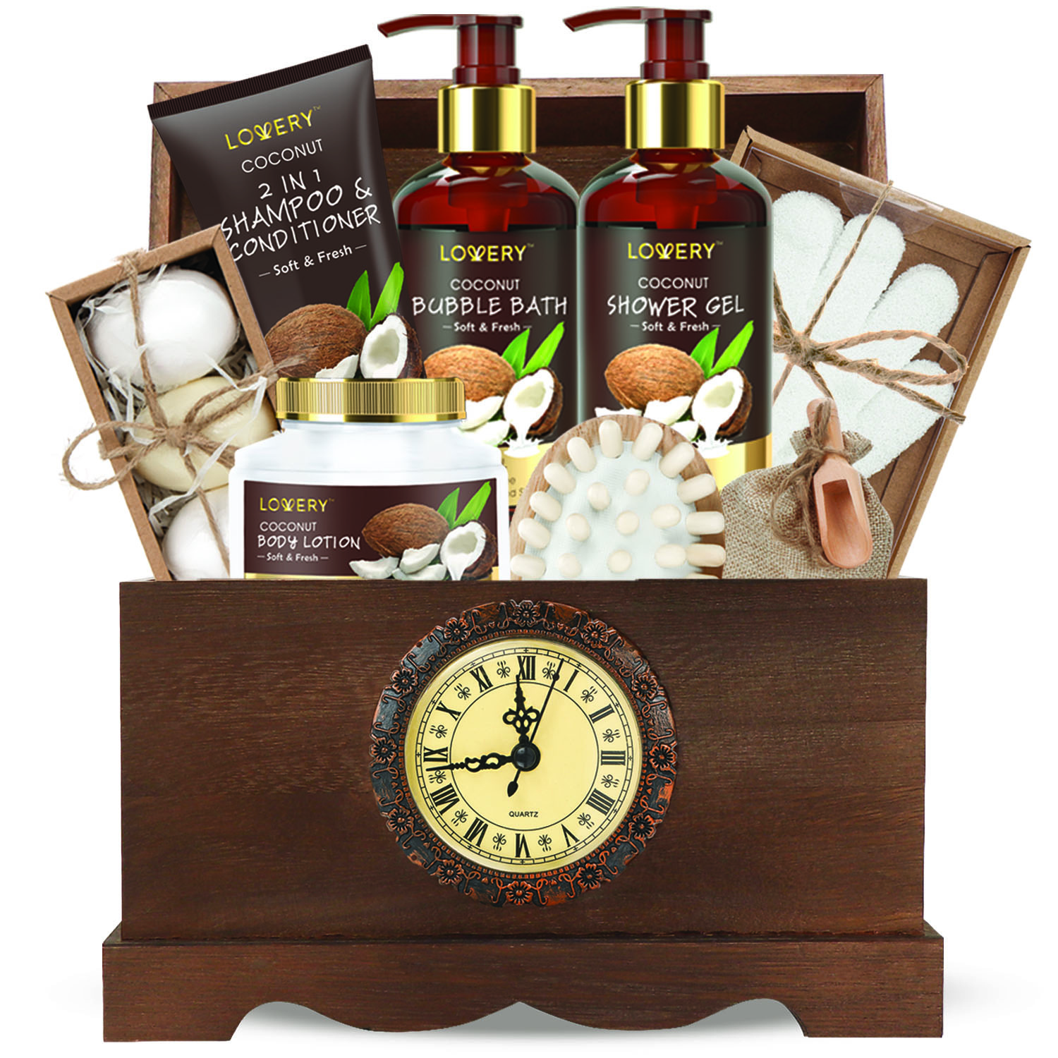 Lovery Luxury Bath Gift Set In A Vintage Style Wooden Clock Box – 13 Pc Premium Coconut