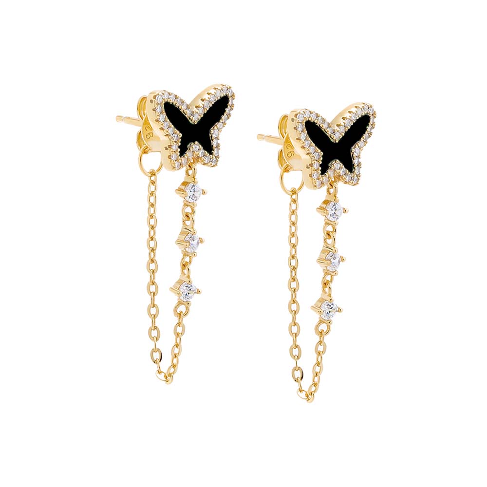 By Adina Eden -PAVE COLORED STONE BUTTERFLY DROP CHAIN STUD EARRING - TURQUOISE