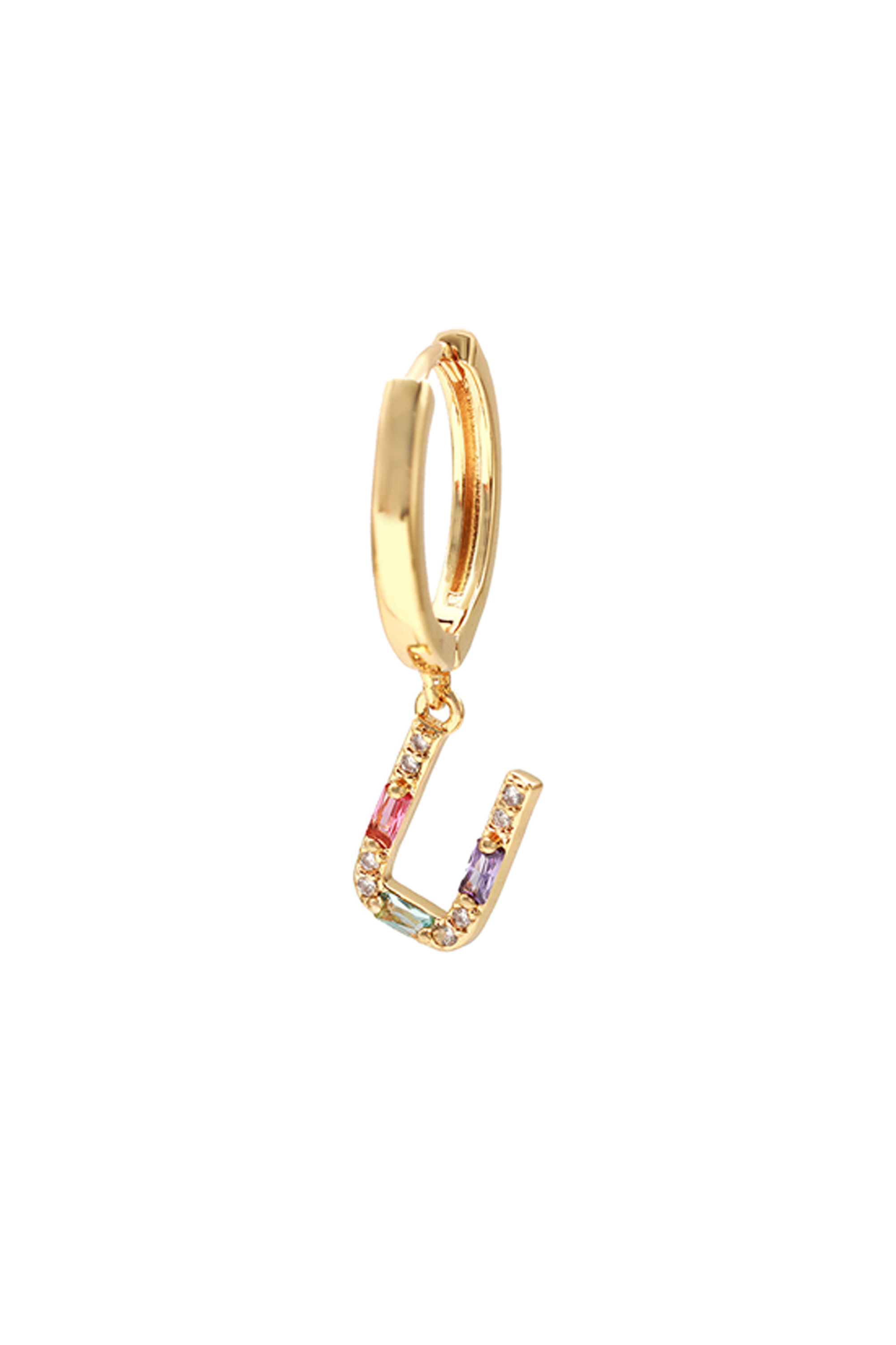 Classicharms-Single Pavé Initial Charm Drop Huggie Hoop Earring-Letter U