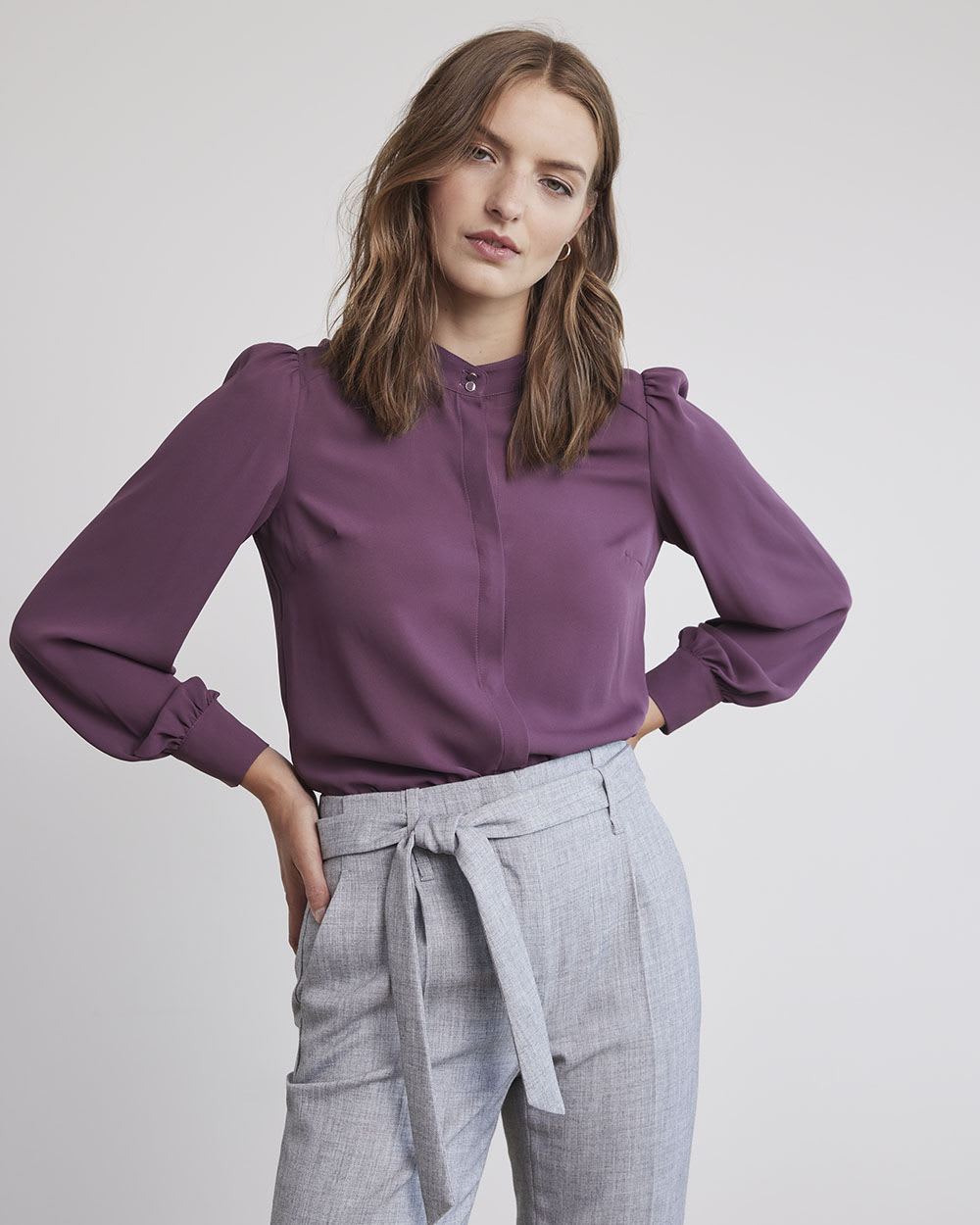 Long-Sleeve Buttoned-Down Silky Crepe Blouse