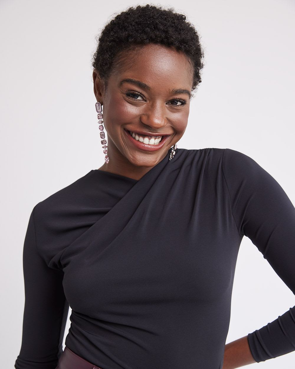 Long-Sleeve Top with Asymmetrical Draped Neckline