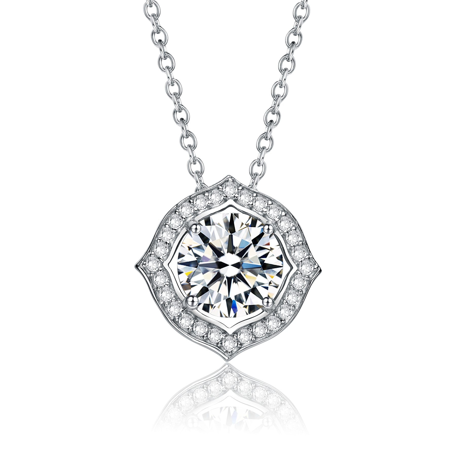 SV Sterling Silver with 1ctw Lab Created Moissanite Round Halo Vintage Style Pendant Necklace
