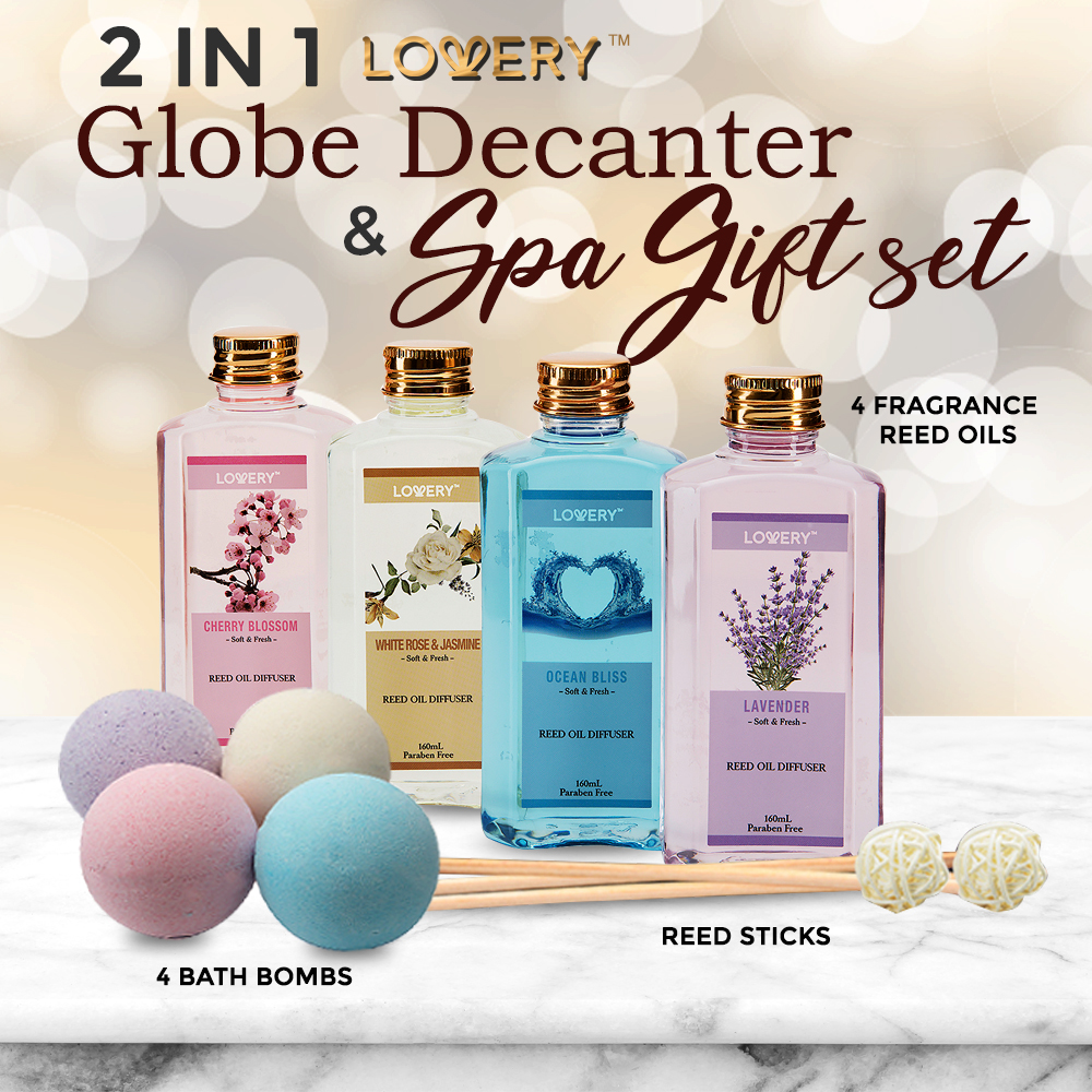 Lovery Whiskey Wine Globe Decanter & Spa Essentials Gift Set - Deluxe 20pc