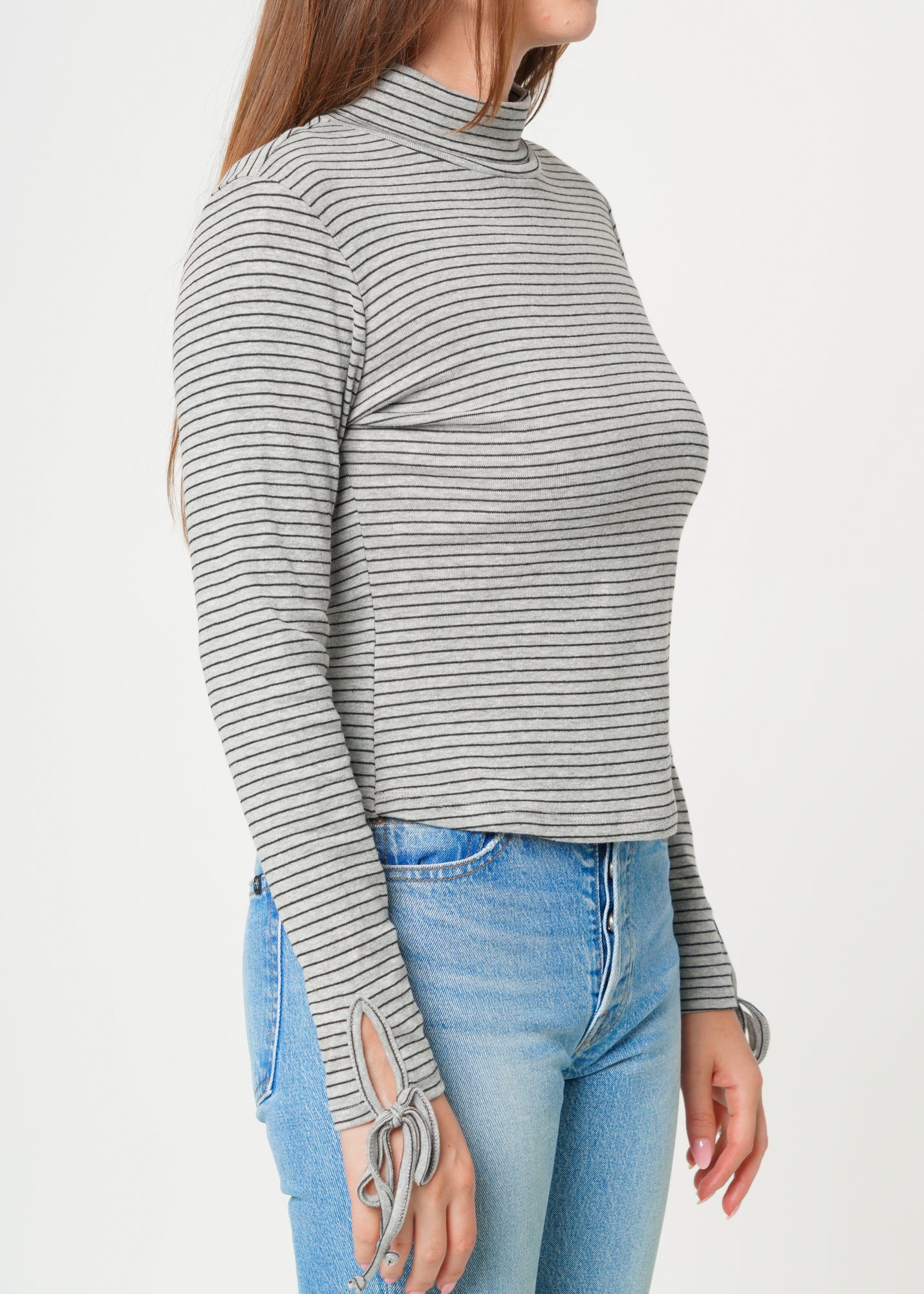 Nurode Long Sleeve Mock Neck Tie Cuff Striped Tee