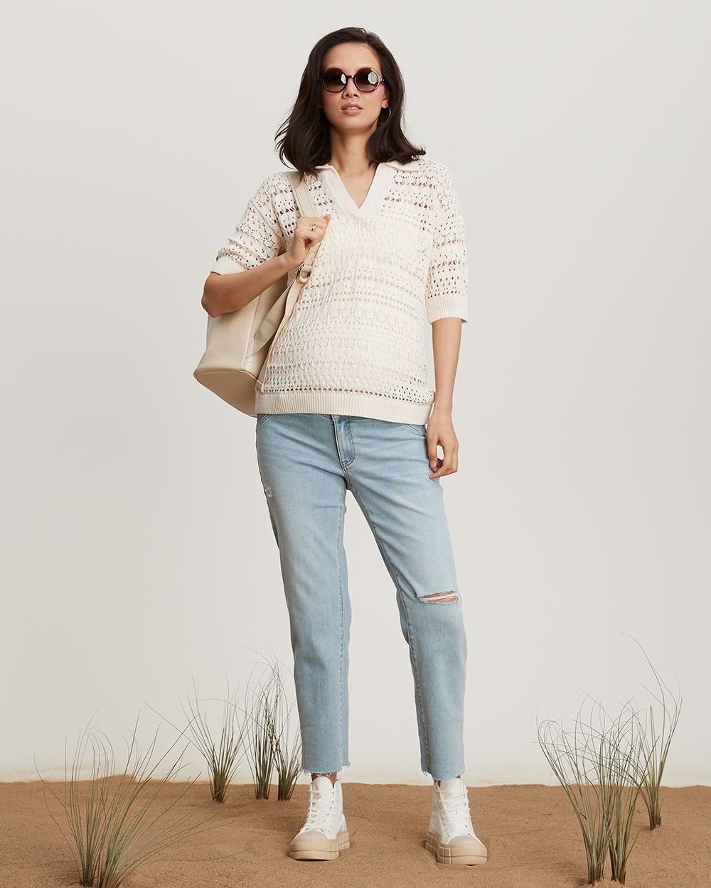 Pointelle Elbow Sleeve Polo Sweater - Thyme Maternity