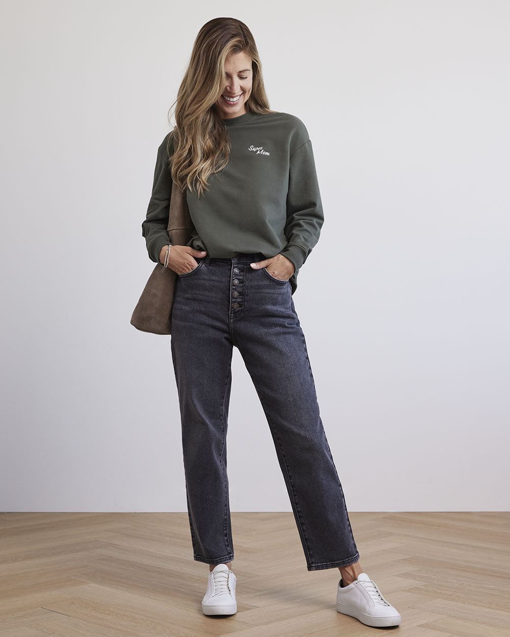 Relaxed-Fit French Terry "Super Mom" Sweatshirt - Thyme Maternity