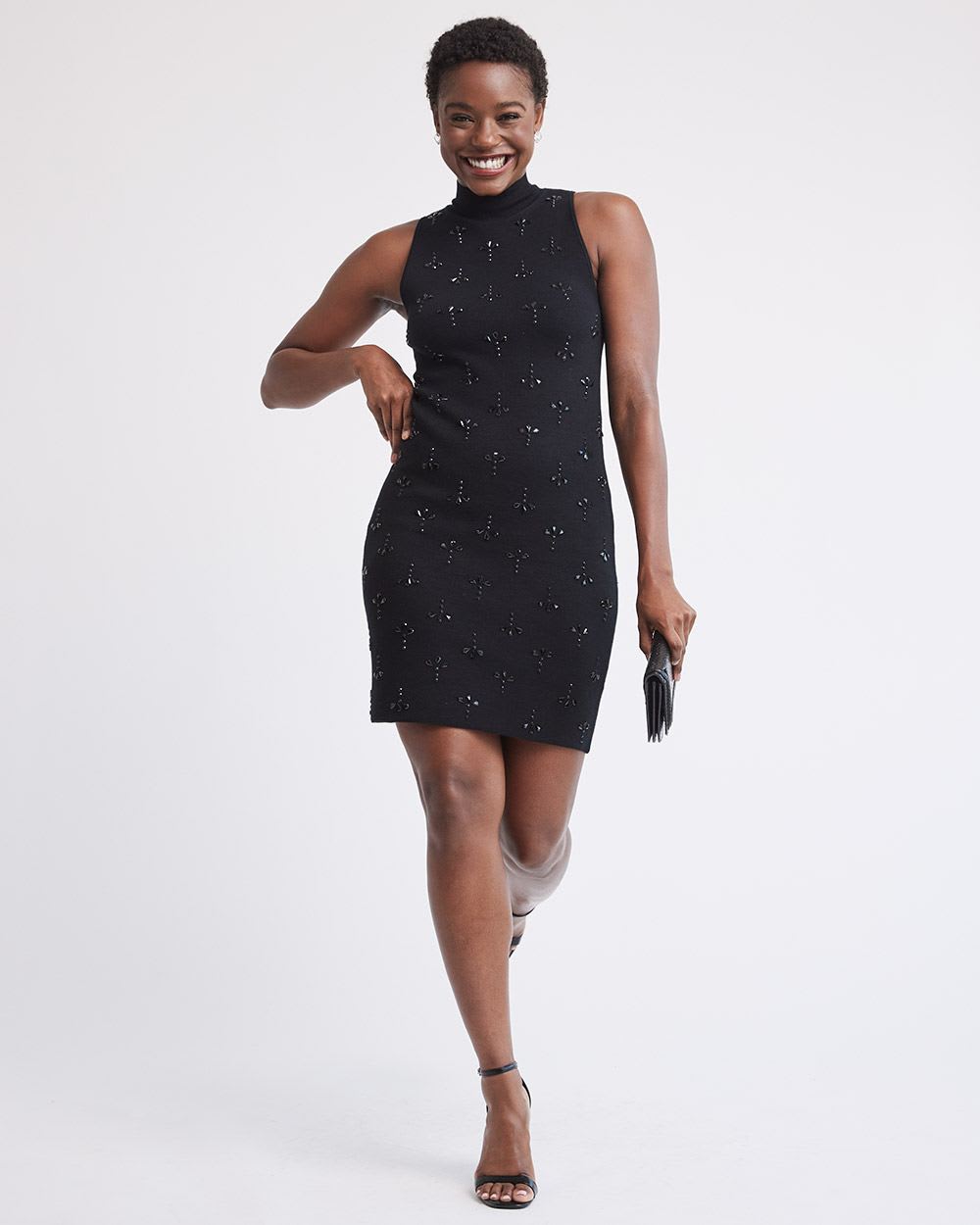 Sleeveless Mock-Neck Mini Dress with Stones