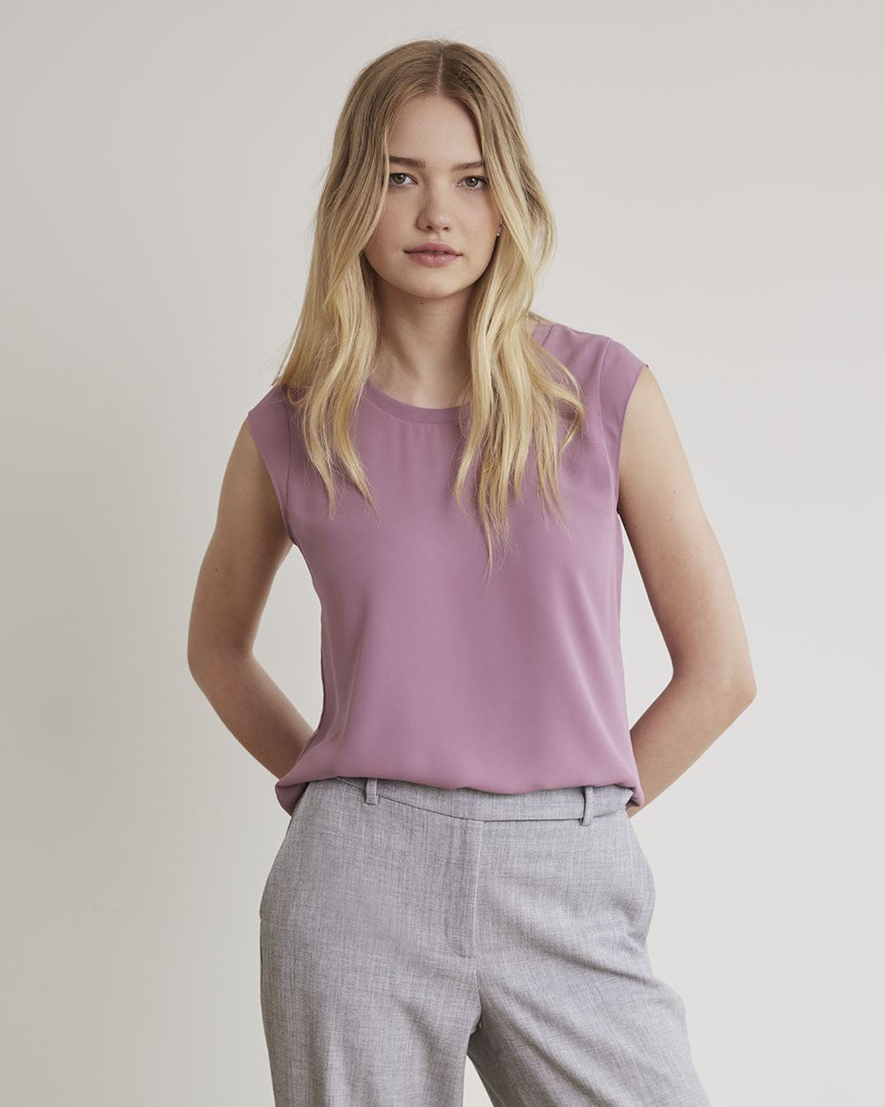 Solid Silky Crepe Cap Sleeve Blouse