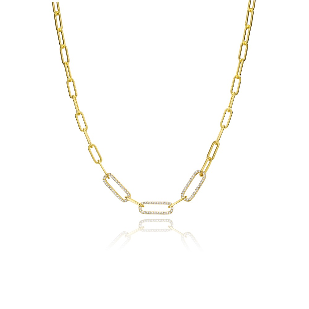 RG 14k Yellow Gold Plated With Cubic Zirconia Elongated Cable Link Chain Necklace