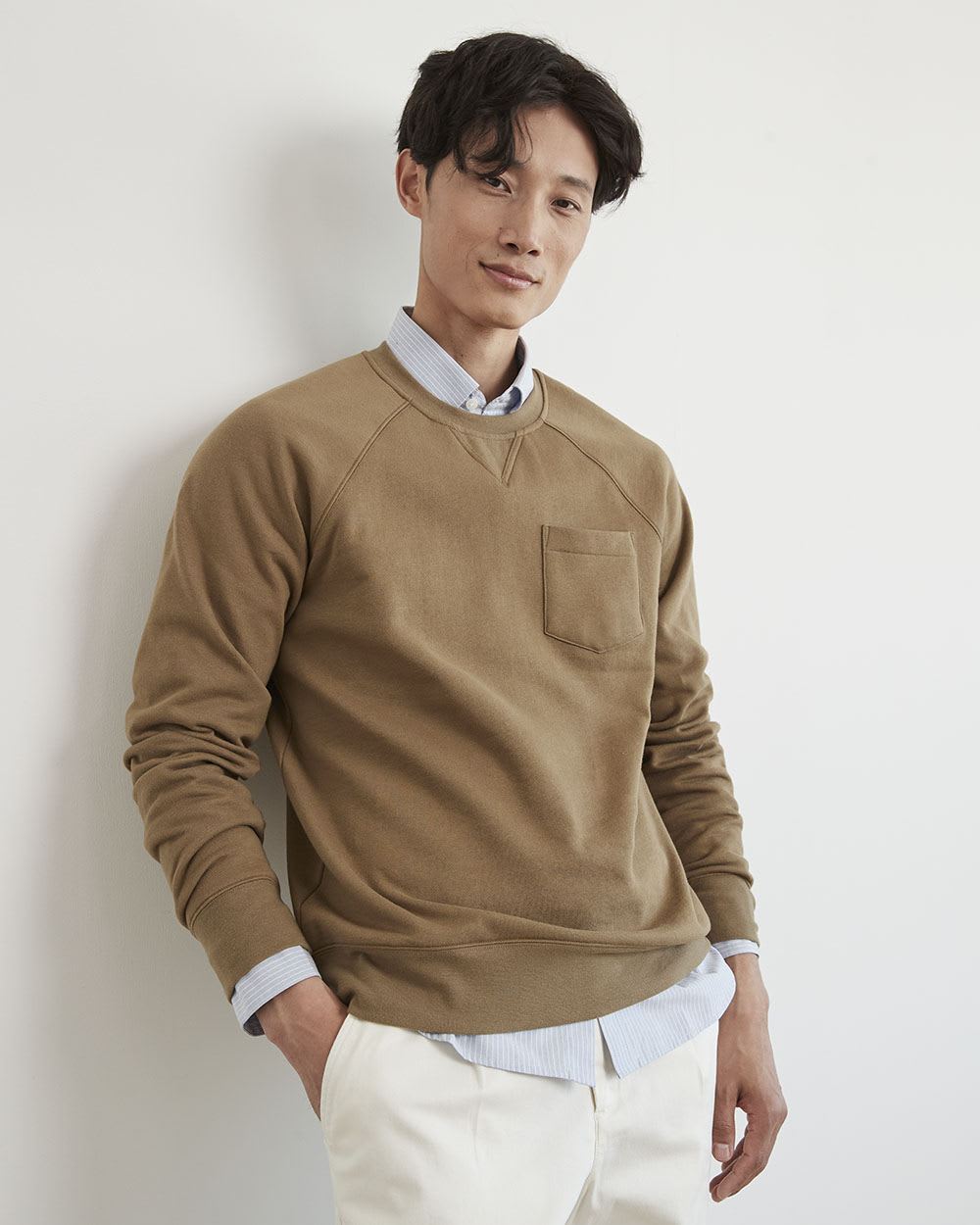 Solid Fleece Crew-Neck Pullover with Chest Pocket