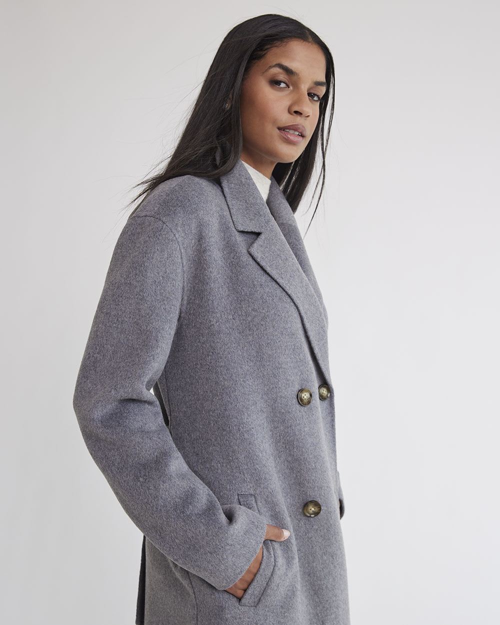 Grey Double-Breasted Luxurious Wool Coat with Belt