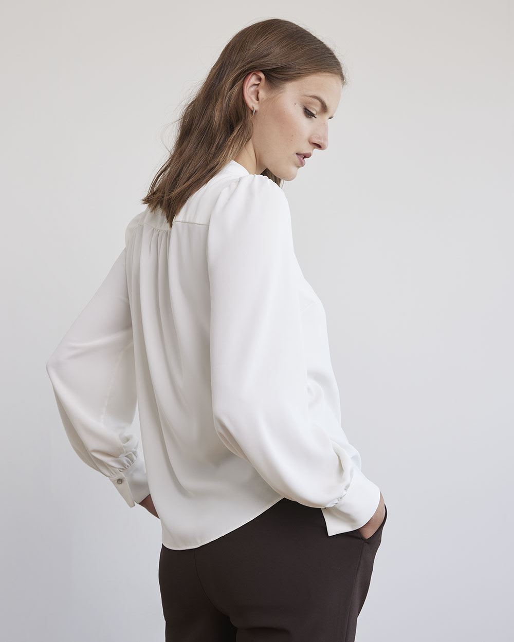 White Silky Crepe Long-Sleeve Buttoned-Down Blouse