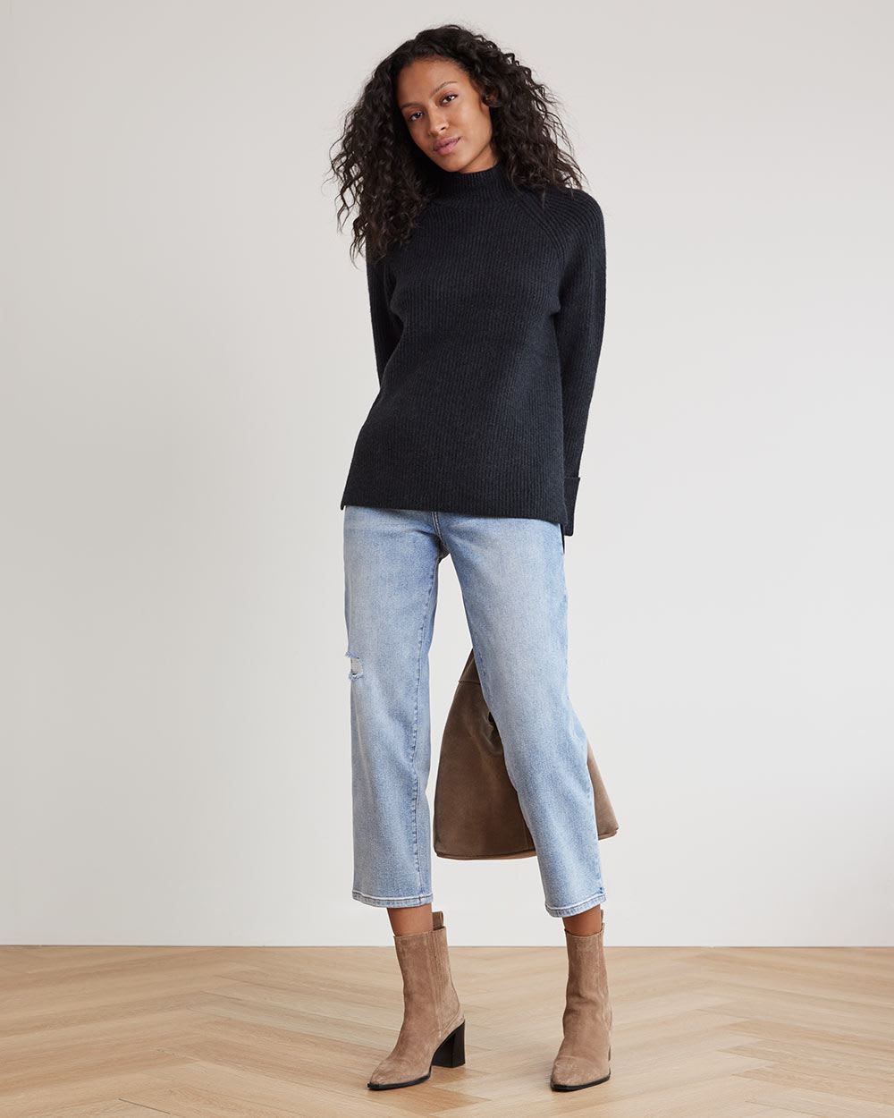 Relaxed-Fit Long-Sleeve Mock-Neck Tunic Sweater
