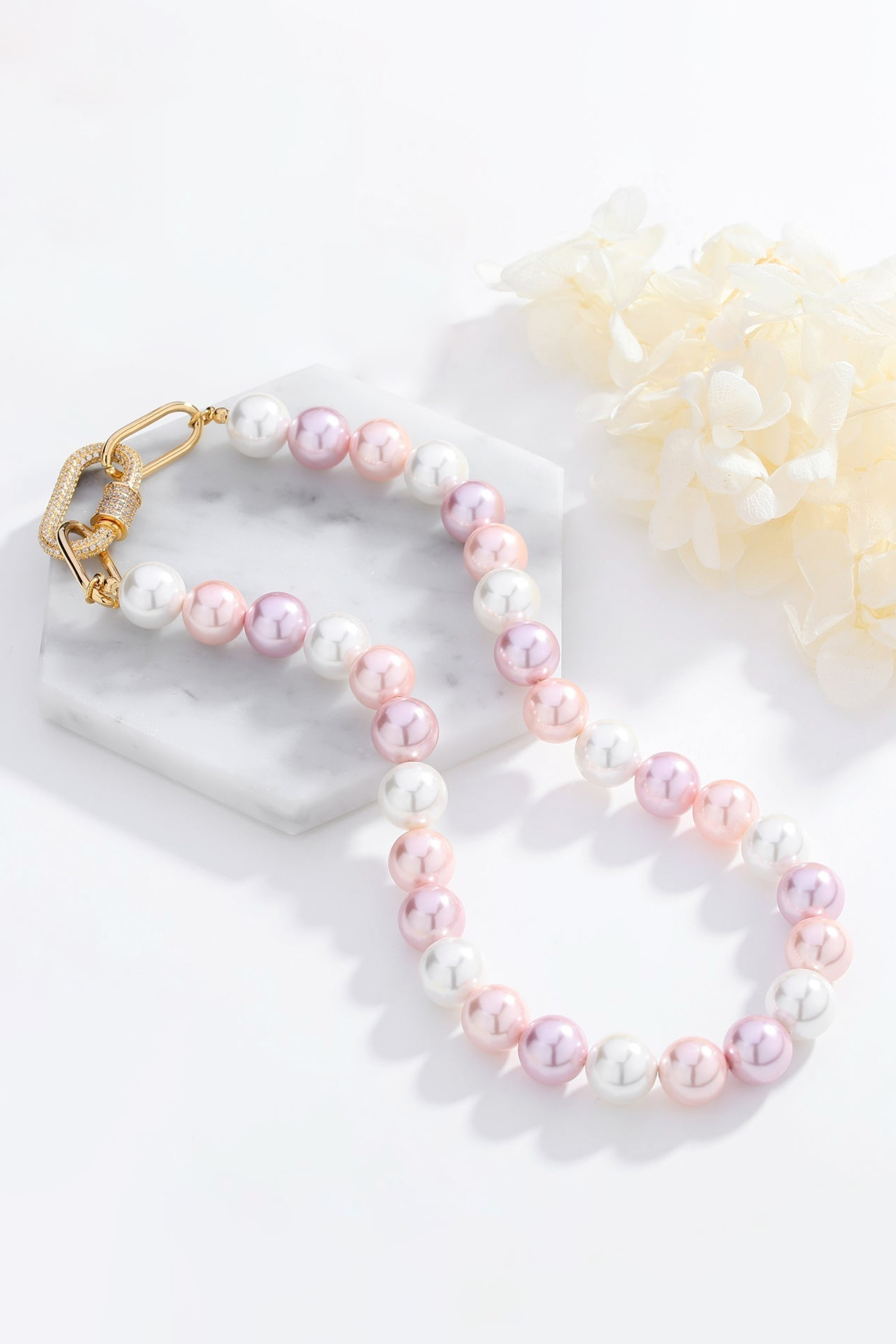 Classicharms-Shell Pearl Necklace With Gem-encrusted Carabiner Lock