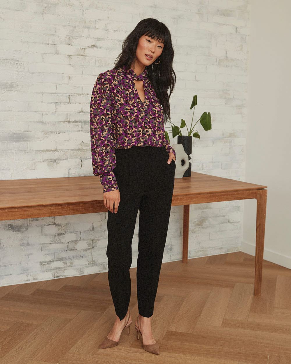 Twisted Cutout Mock-Neck Long Sleeve Popover Blouse