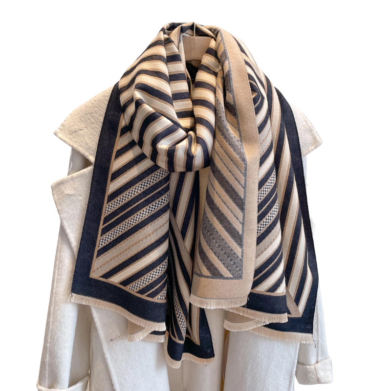 Beige & Black Striped Fringe-Trimmed Scarf- Don't AsK