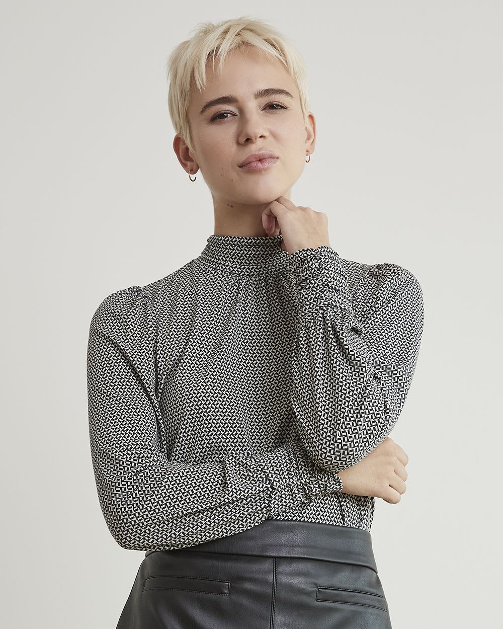 Mock-Neck T-Shirt with Long Puffy Sleeves