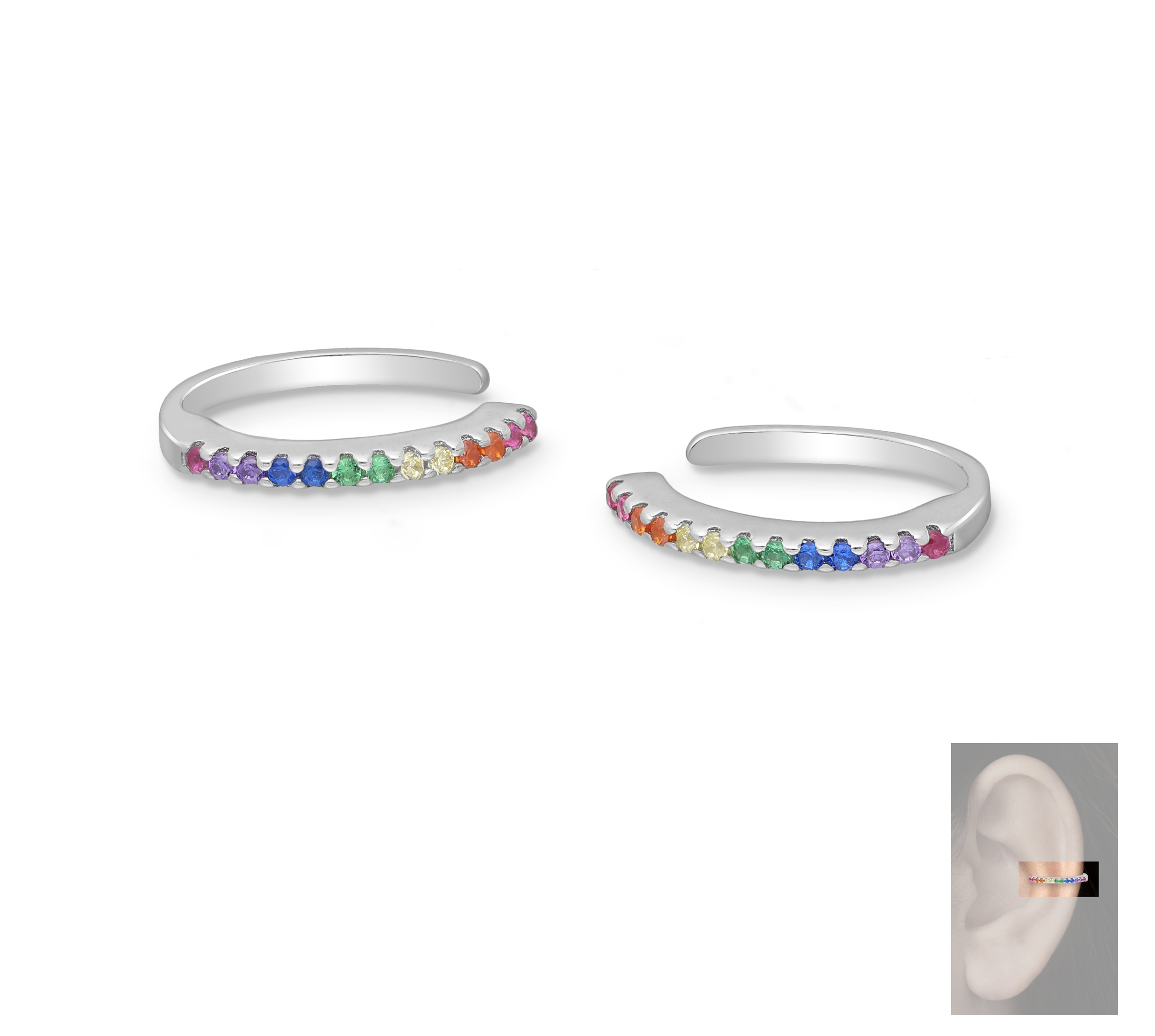 Ag Sterling - Sterling Silver CZ Multi Colored Ear Cuffs