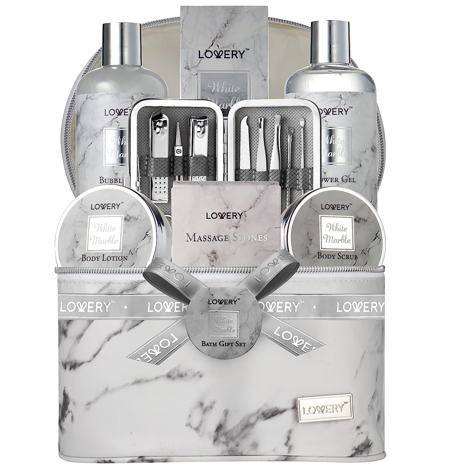 Lovery Premium 25pc Massage Kit, White Marble Beauty And Self Care Spa Set With Stones