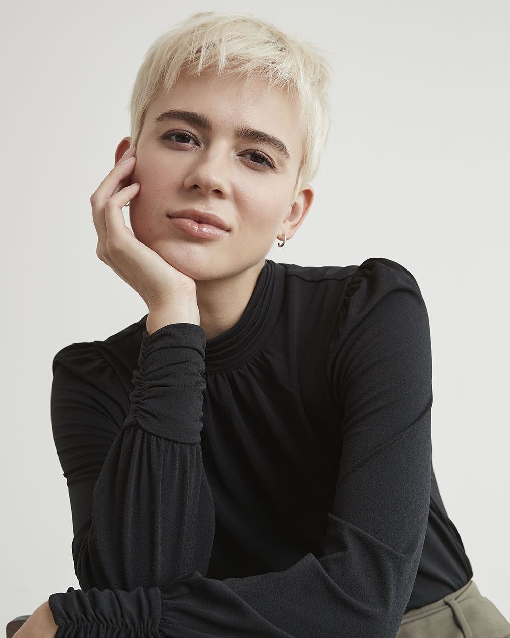 Mock-Neck T-Shirt with Long Puffy Sleeves