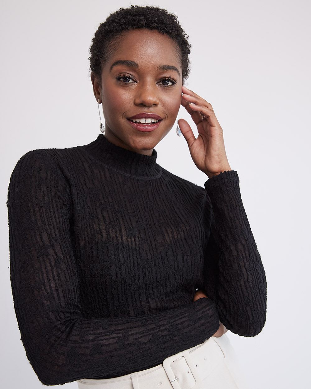 Long-Sleeve Mock-Neck Wool Lace Top