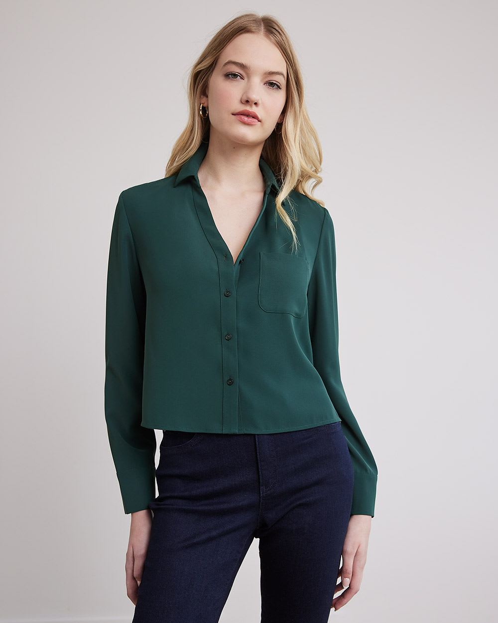 Long-Sleeve Buttoned-Down Crepe Blouse