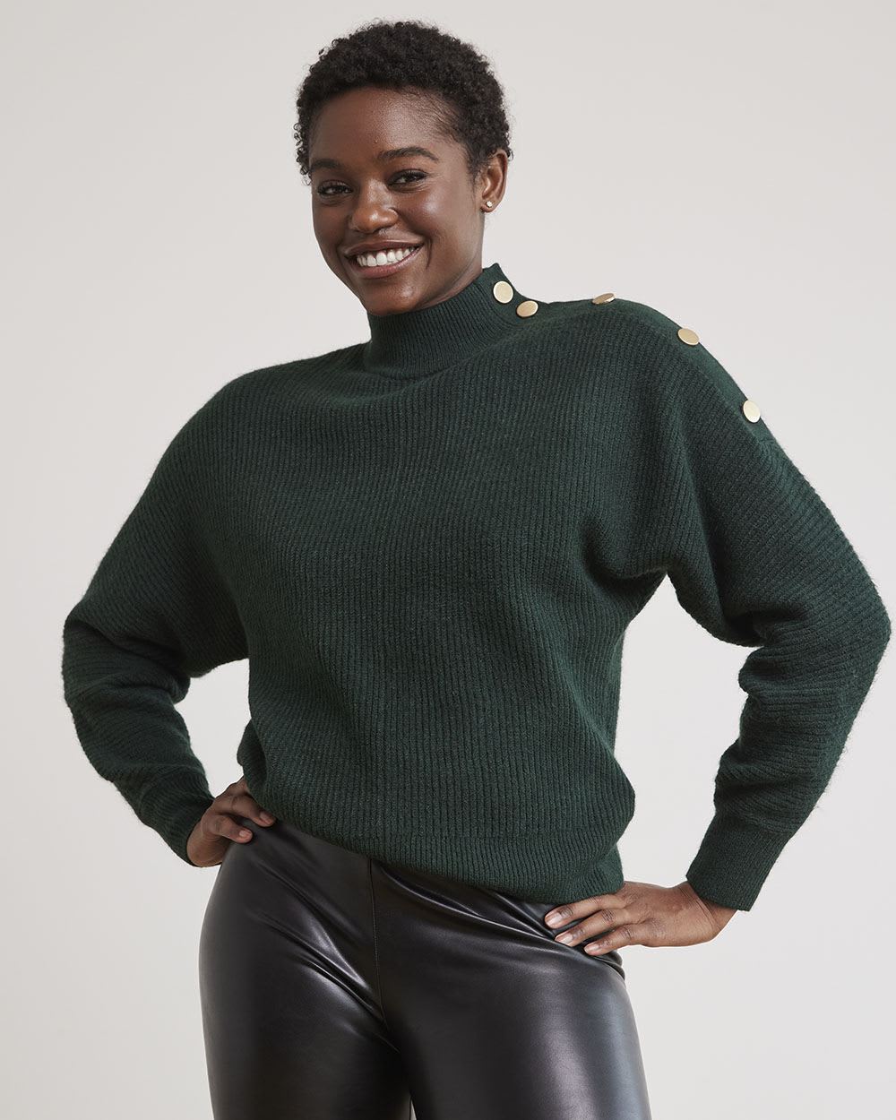 Long-Sleeve Mock-Neck Sweater with Buttons at Shoulder