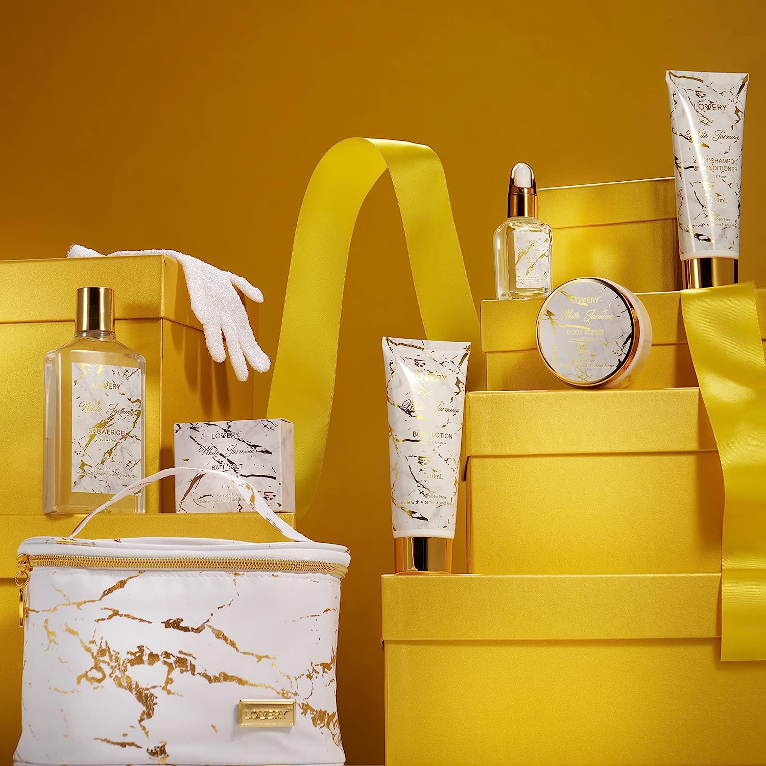 Lovery 9pc White Jasmine Home Spa Set With Cosmetic Bag, Bath And Body Self Care Gift