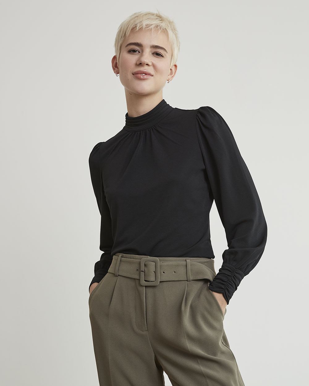 Mock-Neck T-Shirt with Long Puffy Sleeves